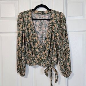 American Eagle Green Floral Wrap Top Long Balloon Sleeve V-Neck Cropped Medium